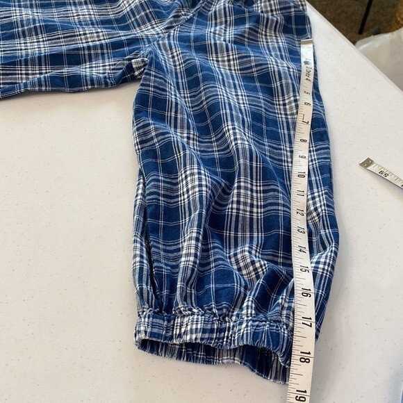 J Crew Plaid Smocked Ruffleneck Top Ansley Blue Wash Ballon 3/4 Sleeve High Neck - Picture 13 of 16